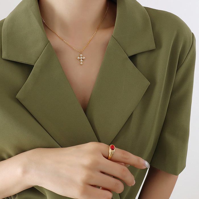 Gold Tone Faux Pearl Cross Pendant Necklace Cable Chain