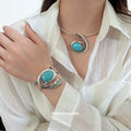 Turquoise Resin Oval Earring Bracelet Choker Jewelry Set view 4