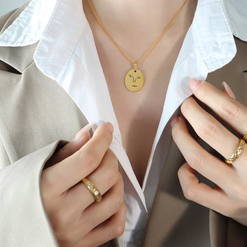 Abstract Face Oval Disc Pendant Necklace Gold Rose Gold