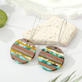 Silver Tone Wood and Resin Mosaic Long Wire Drop Earrings view 4