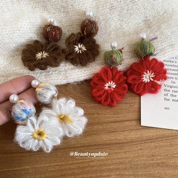 Crochet Flower Drop Earrings in White Brown and Red