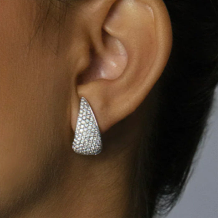 Silver Tone Pavé Teardrop Huggie Earrings With Hinged Backs
