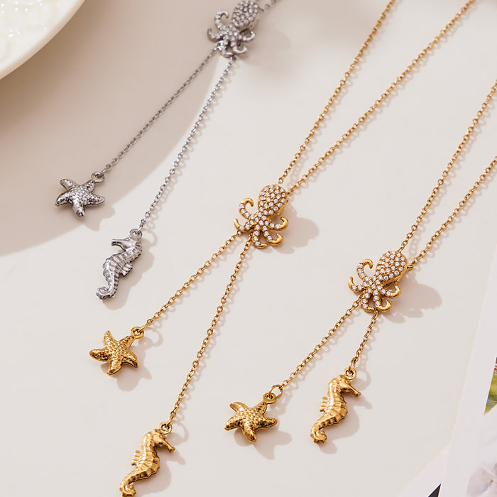 Crystal Octopus Starfish and Seahorse Lariat Necklaces