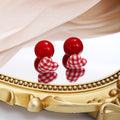 Red Gingham Heart and Round Front Back Stud Earrings view 2