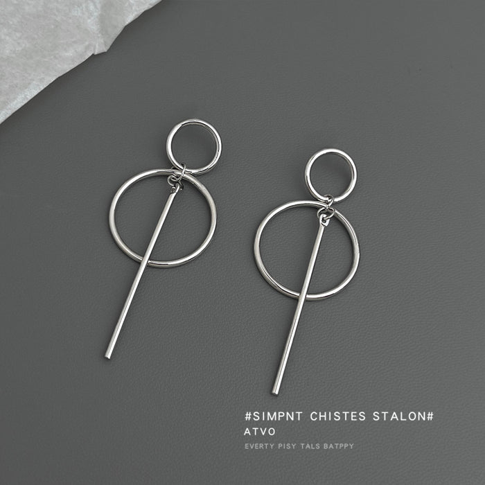 Silver-Tone Double Circle Bar Geometric Drop Earrings Pair