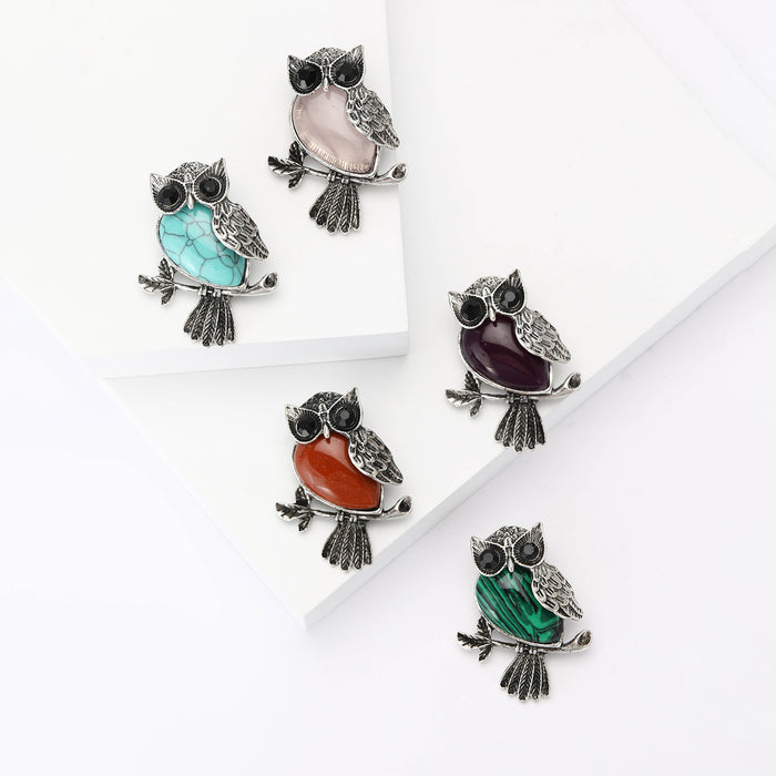 Antique Silver Owl Cabochon Brooch Black Crystal Eyes