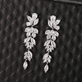 Silver Tone Clear Stone Leaf Cluster Long Drop Earrings view 4
