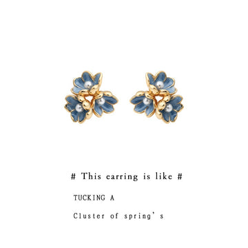 Gold Tone Blue Enamel Flower And Pearl Cluster Stud Earrings