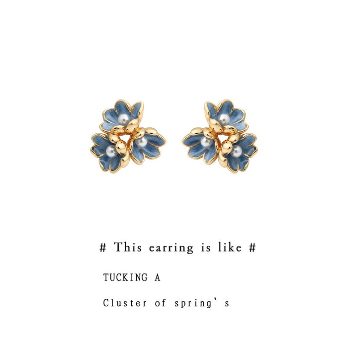 Gold Tone Blue Enamel Flower And Pearl Cluster Stud Earrings
