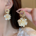 Ivory Acrylic Flower Cluster Drop Earrings with Polished Metal Accents view 1