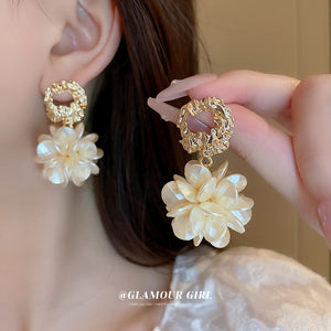 Ivory Acrylic Flower Cluster Drop Earrings with Polished Metal Accents