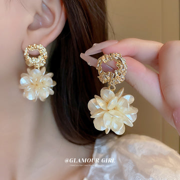 Ivory Acrylic Flower Cluster Drop Earrings with Polished Metal Accents