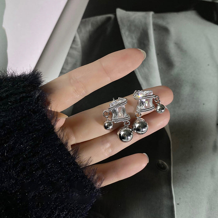 Silver Square Crystal Pearl Drop Stud Earrings Polished Metal Jewelry