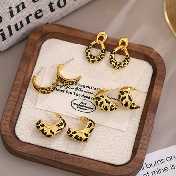 Gold Leopard Pattern Open C Hoop Earrings in Four Shapes