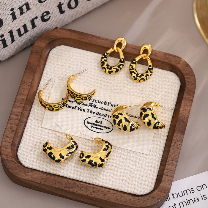 Gold Leopard Pattern Open C Hoop Earrings in Four Shapes