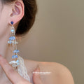 Blue Floral Bead And Chain Long Tassel Stud Earrings view 3