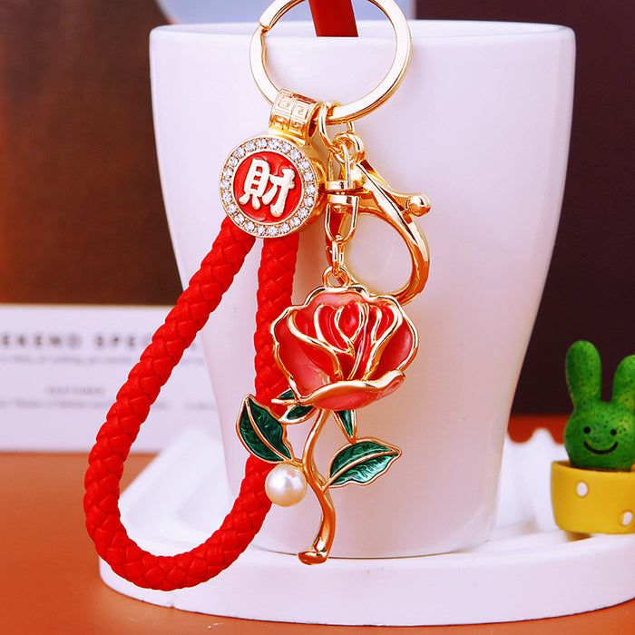 Pearl Rose Keychains in Pink and Red with Optional Fortune Loops