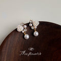 Gold Pearl Rose Flower Drop Earrings With Clear Stones view 3