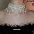 White Pearl And Mesh Fringe Choker With Draped Drops view 3