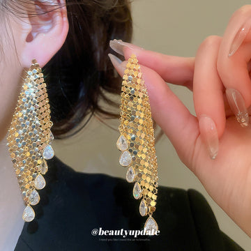 Gold Tone Crystal Mesh Tassel Statement Earrings Jewelry Design