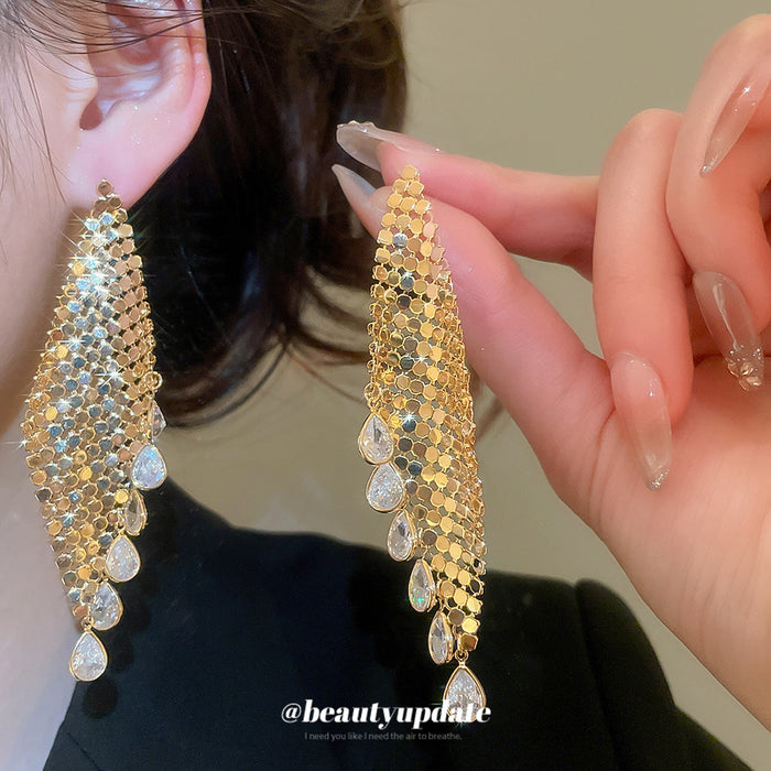 Gold Tone Crystal Mesh Tassel Statement Earrings Jewelry Design