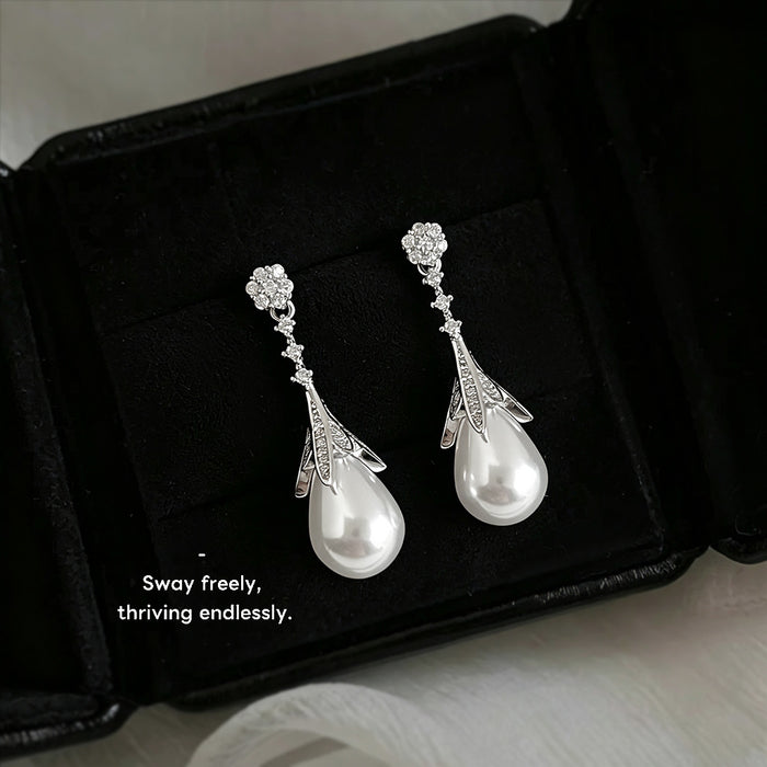 Silver-Tone Floral Stud White Teardrop Pearl Drop Earrings