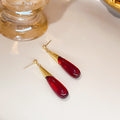 Deep Red Long Teardrop and Gold Tone Dangle Earrings view 4