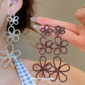 Silver and Burgundy Open Flower Long Stud Earrings view 2