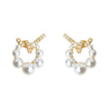 Gold Tone Clear Stone Bow And White Pearl Circle Stud Earrings view 5