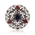 Vintage Round Floral Brooch with Blue and Red Crystal Accents view 1