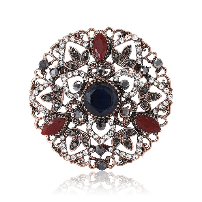 Vintage Round Floral Brooch with Blue and Red Crystal Accents