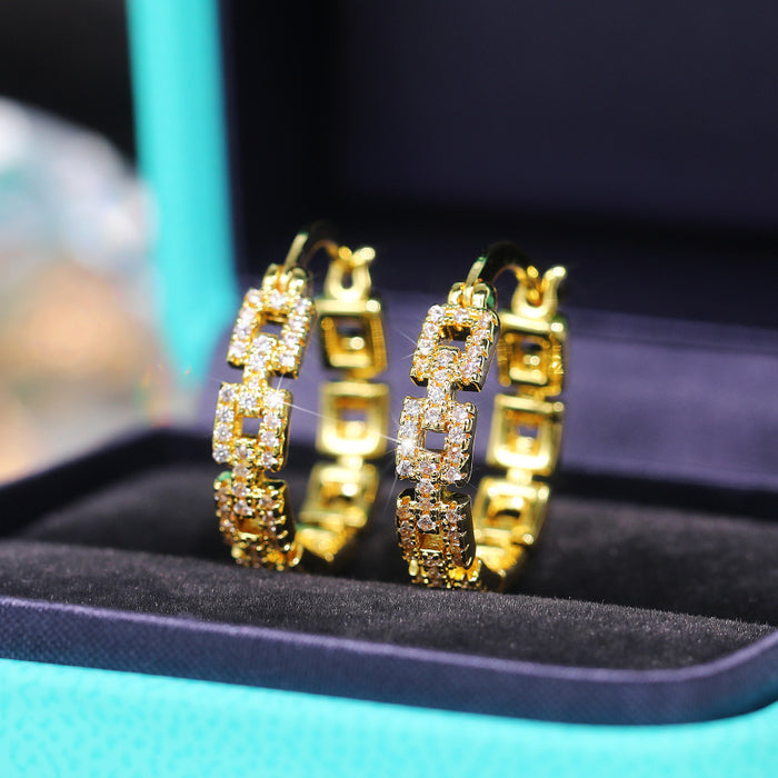 Rectangular Link Clear Stone Hoop Earrings In Gold And Silver Tones
