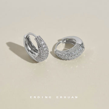 Silver Tone Pave Clear Stone Wide Huggie Hoop Earrings For Women