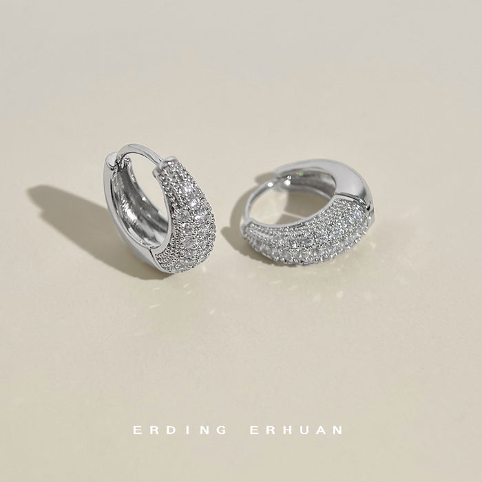 Silver Tone Pave Clear Stone Wide Huggie Hoop Earrings For Women