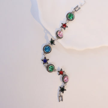Silver Multicolor Crystal Star Link Bracelet Green Pink Blue