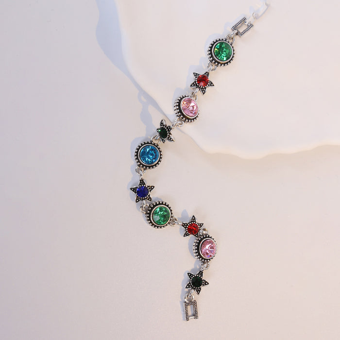 Silver Multicolor Crystal Star Link Bracelet Green Pink Blue