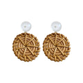 Woven Rattan Circle and White Cabochon Earrings with Decorative Details view 5
