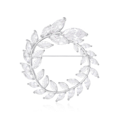 Silver zircon olive branch circle brooch front view