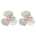 Silver Tone Clear Pink Textured Four Petal Flower Stud Earrings view 5