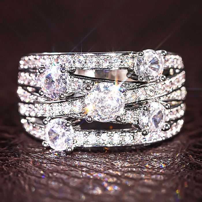 Silver Tone Multi Band Cross CZ Statement Cocktail Ring