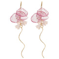 Pink Fabric Flower Hook Earrings with Wavy Gold Tone Drops view 5