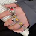 Gold Textured Heart Open Ring Four Piece Red Amber Set view 2