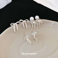 Silver Bow Chain Tassel Stud Earrings With Decorative Details view 3