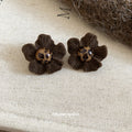 Brown Fabric Flower and Polka Dot Stud Earrings Set view 1