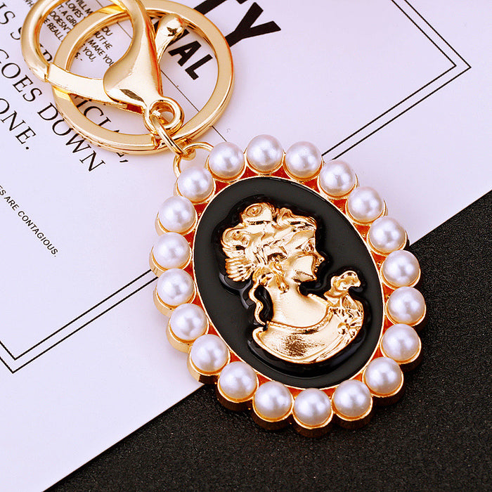 Pearl Framed Cameo Woman Keychains in White Pink and Black