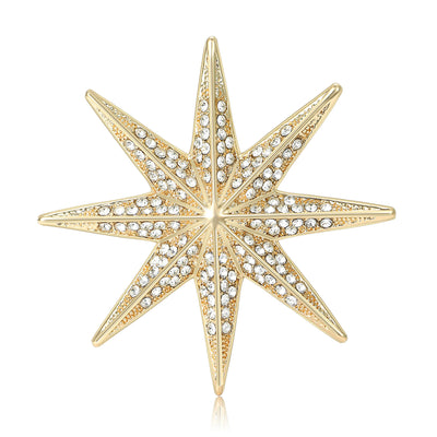 Front product view of the eight point crystal starburst brooch on a light background