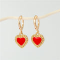 Gold Tone Red Heart Crystal Huggie Earrings with Small Drop Charms view 1