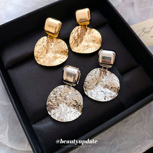 Hammered Round Disc Drop Earrings With Square Top, Gold or Silver Tone
