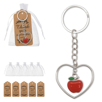 Red Apple Heart Outline Metal Keychain Silver Split Ring