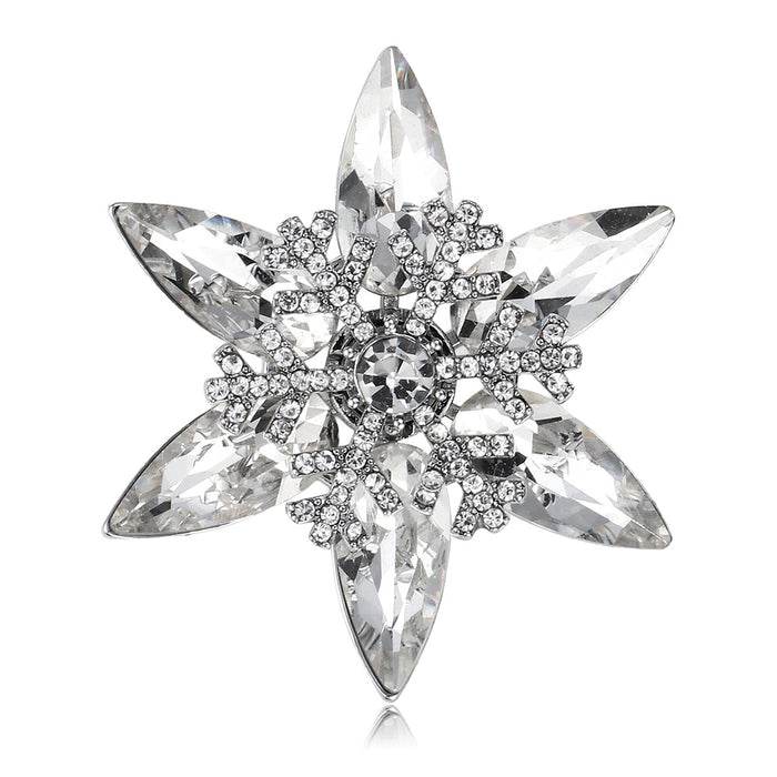 Silver Tone Snowflake Crystal Metal Brooch Pin for Jackets and Lapels